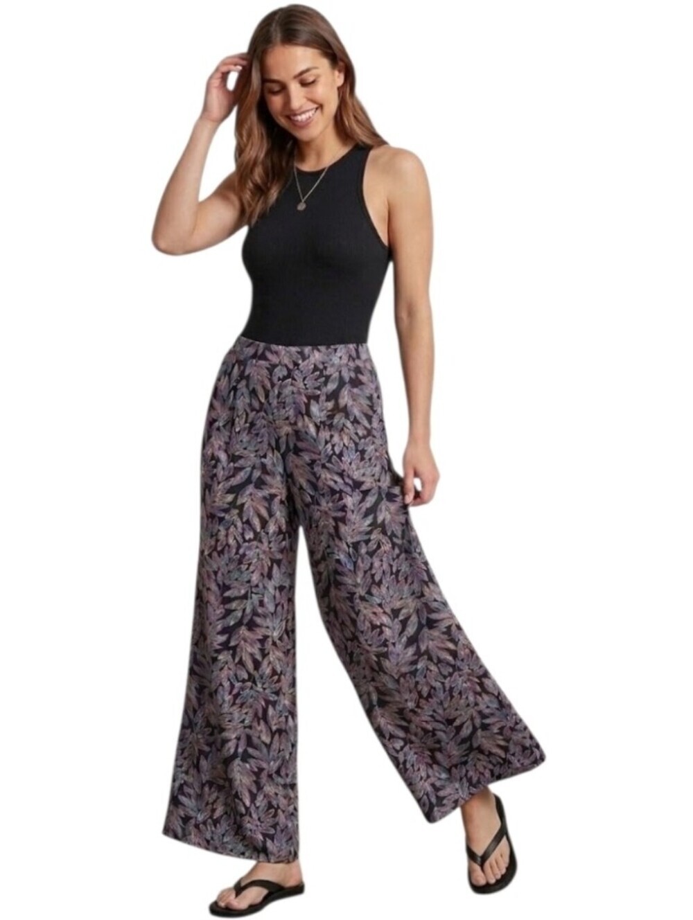 Anne Klein Wide-Leg Leaf Print Palazzo Pants